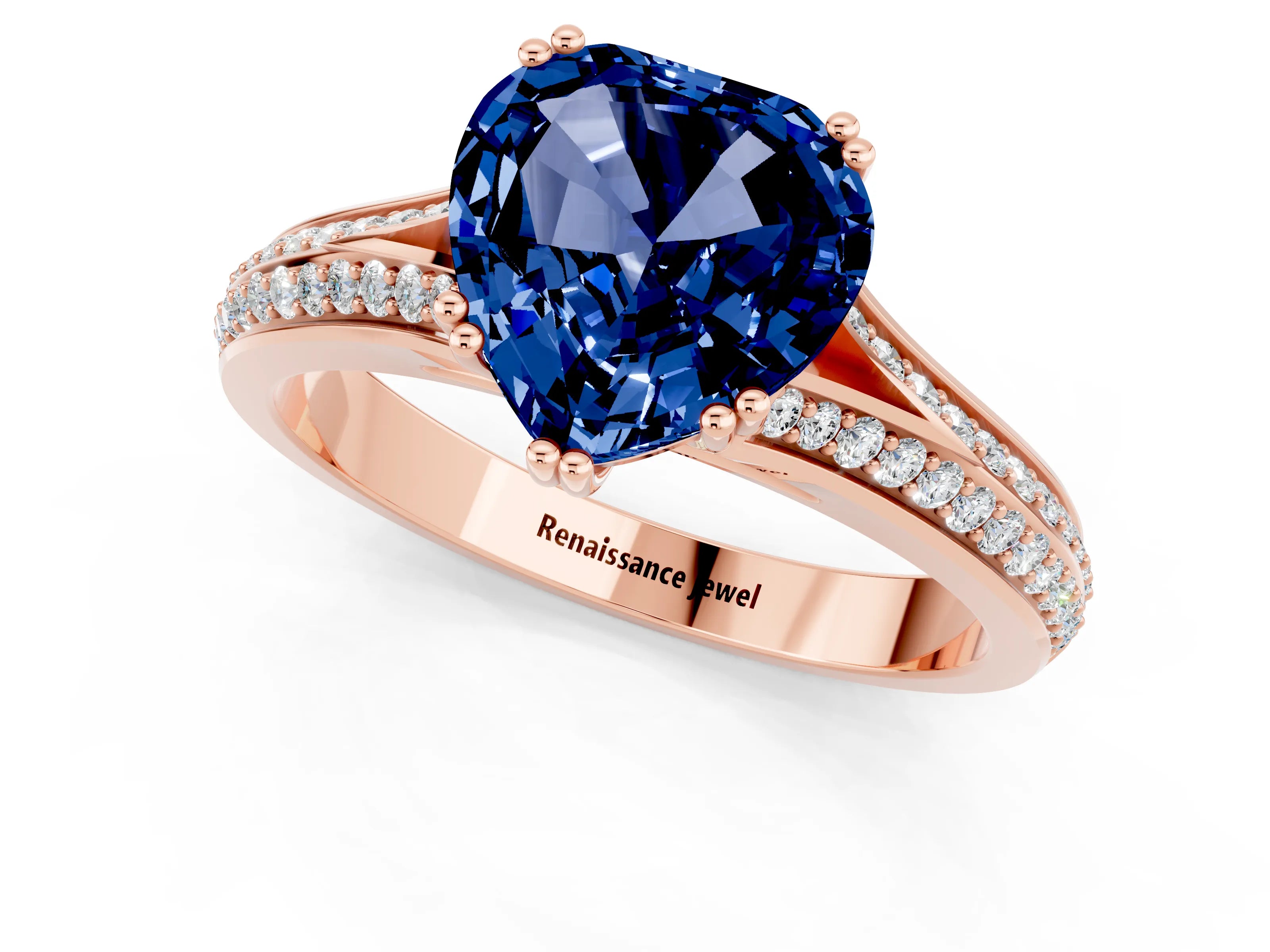 Rose gold Heart Cut Blue Sapphire Split Shank Engagement Ring with Pavé Band_1