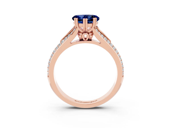 Rose gold Heart Cut Blue Sapphire Split Shank Engagement Ring with Pavé Band
