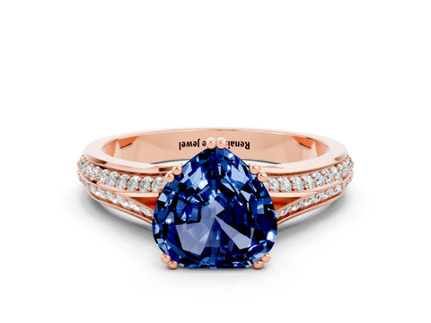 Rose gold Heart Cut Blue Sapphire Split Shank Engagement Ring with Pavé Band
