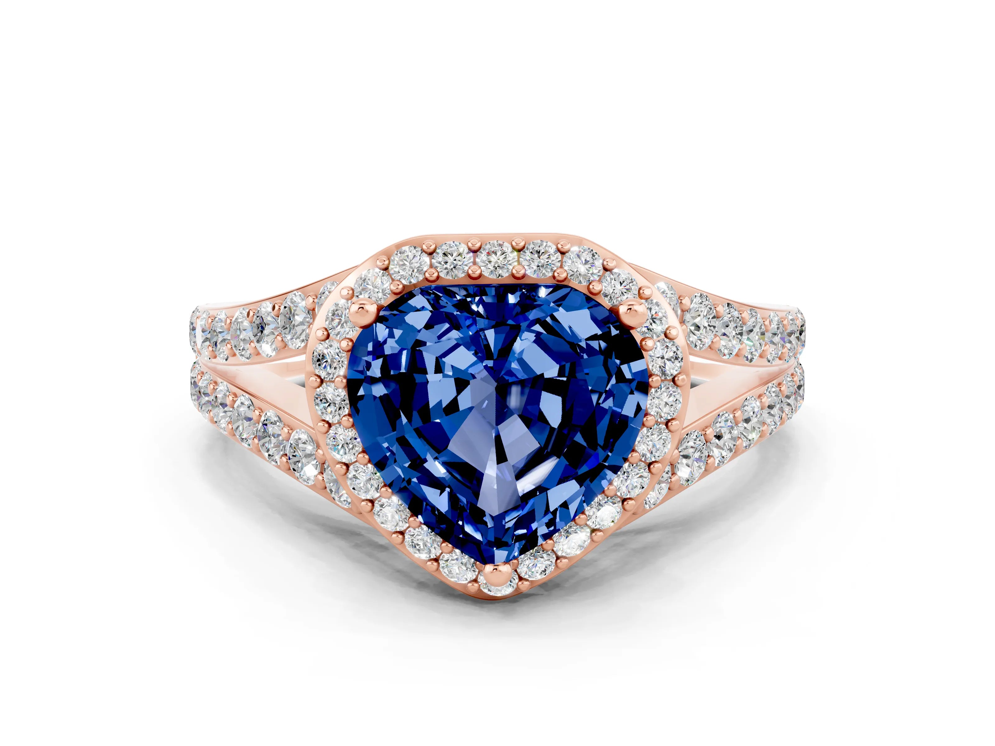 Rose gold Heart Cut Blue Sapphire Split Shank Halo Ring with Four-Prong Setting_12