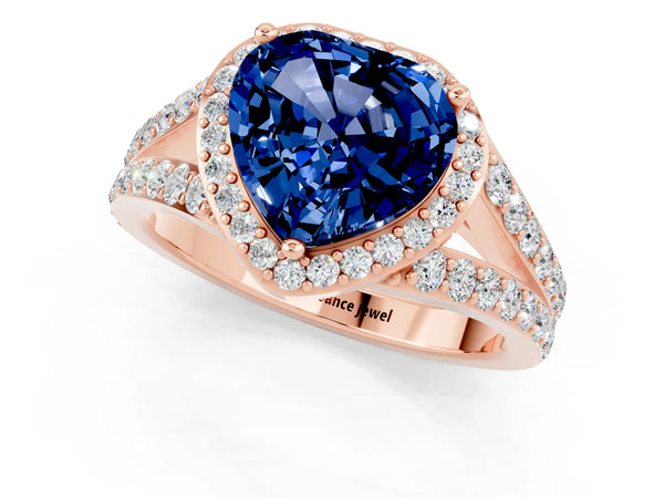 Rose gold Heart Cut Blue Sapphire Split Shank Halo Ring with Four-Prong Setting