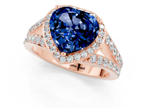 Rose gold Heart Cut Blue Sapphire Split Shank Halo Ring with Four-Prong Setting_13