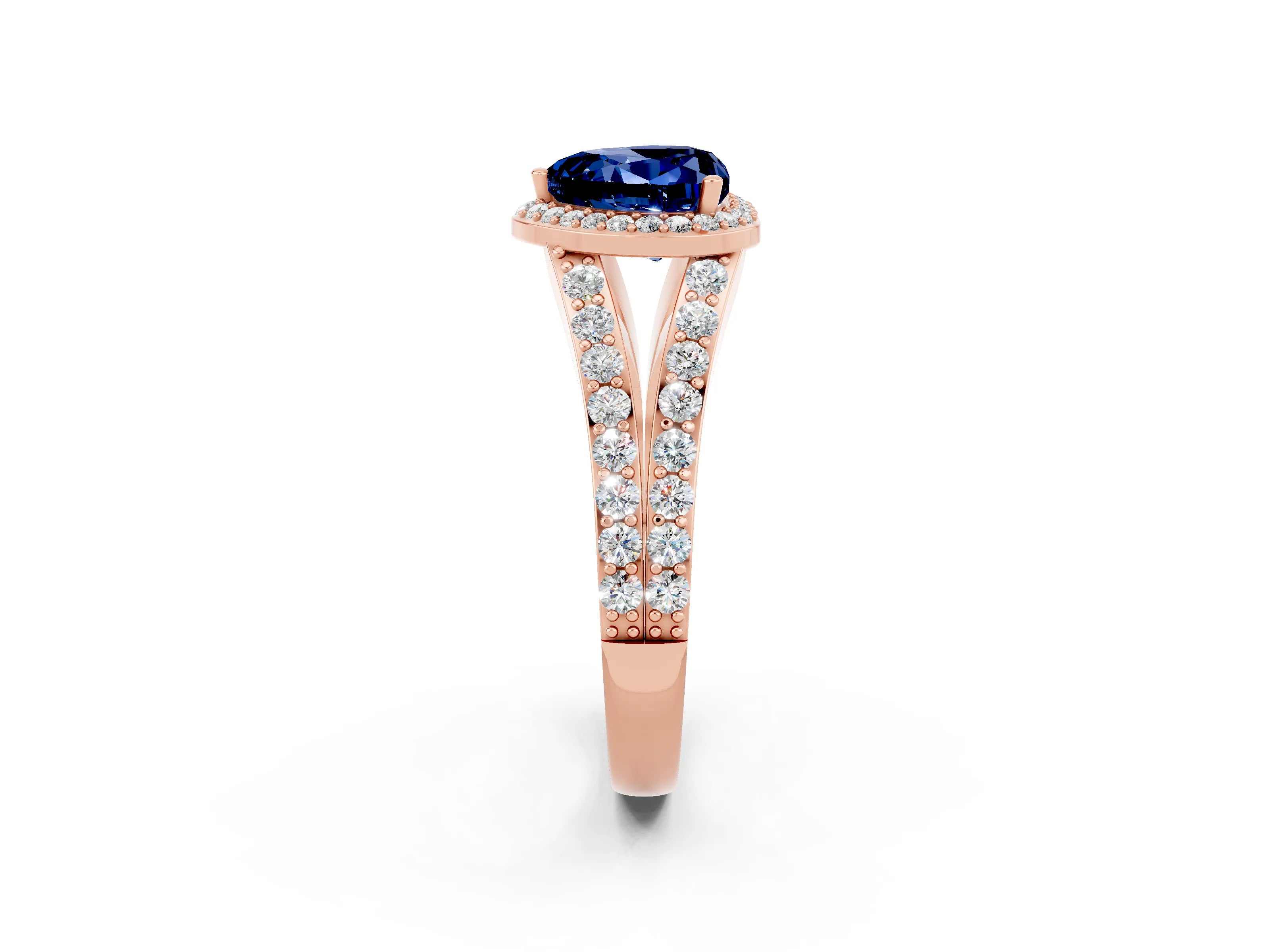 Rose gold Heart Cut Blue Sapphire Split Shank Halo Ring with Four-Prong Setting_14