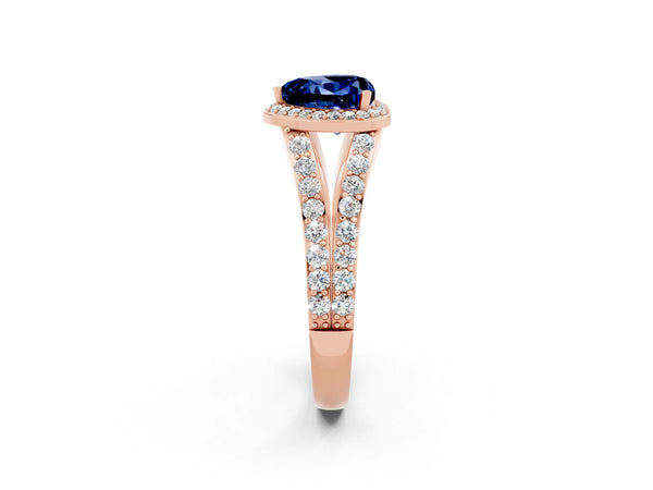 Rose gold Heart Cut Blue Sapphire Split Shank Halo Ring with Four-Prong Setting