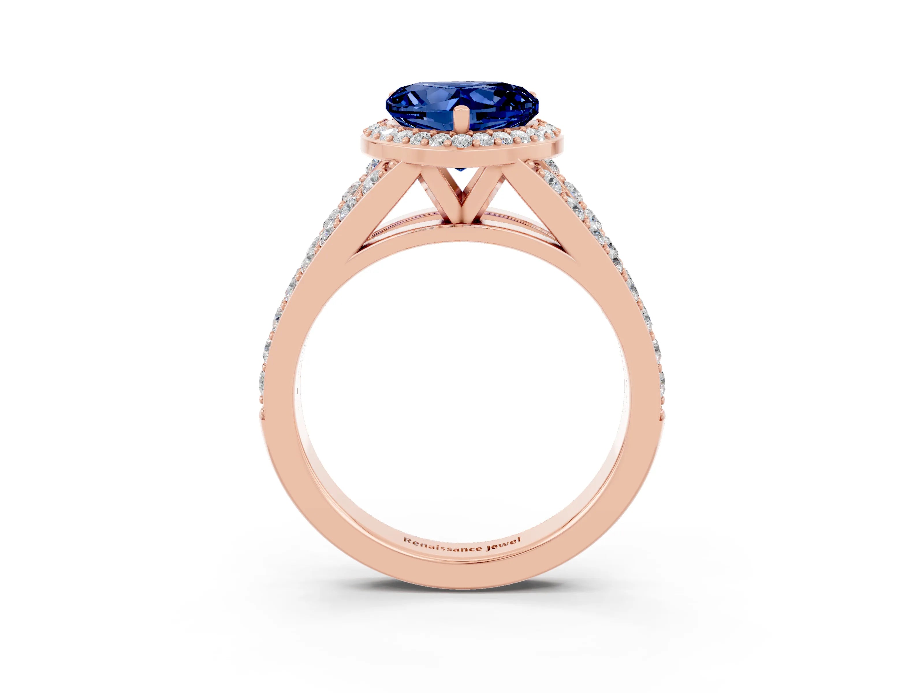 Rose gold Heart Cut Blue Sapphire Split Shank Halo Ring with Four-Prong Setting_15