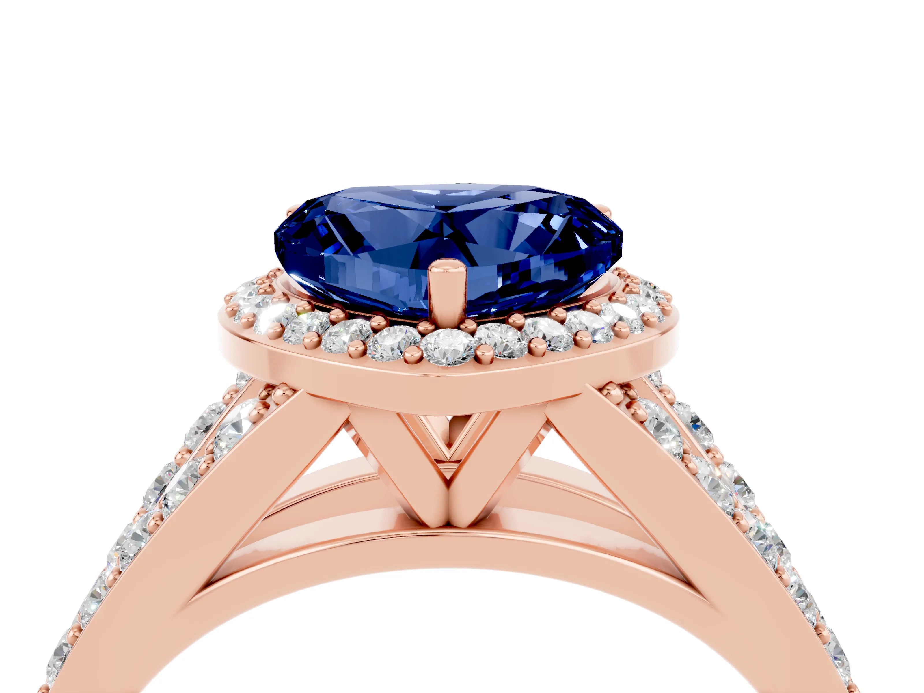 Rose gold Heart Cut Blue Sapphire Split Shank Halo Ring with Four-Prong Setting_16