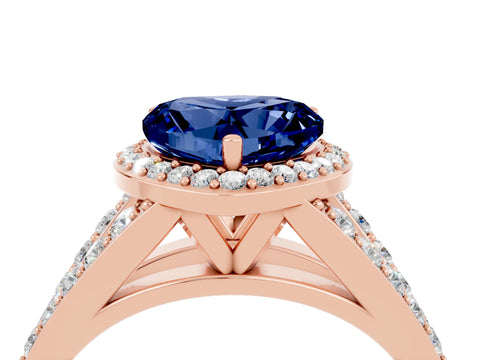 Rose gold Heart Cut Blue Sapphire Split Shank Halo Ring with Four-Prong Setting_16