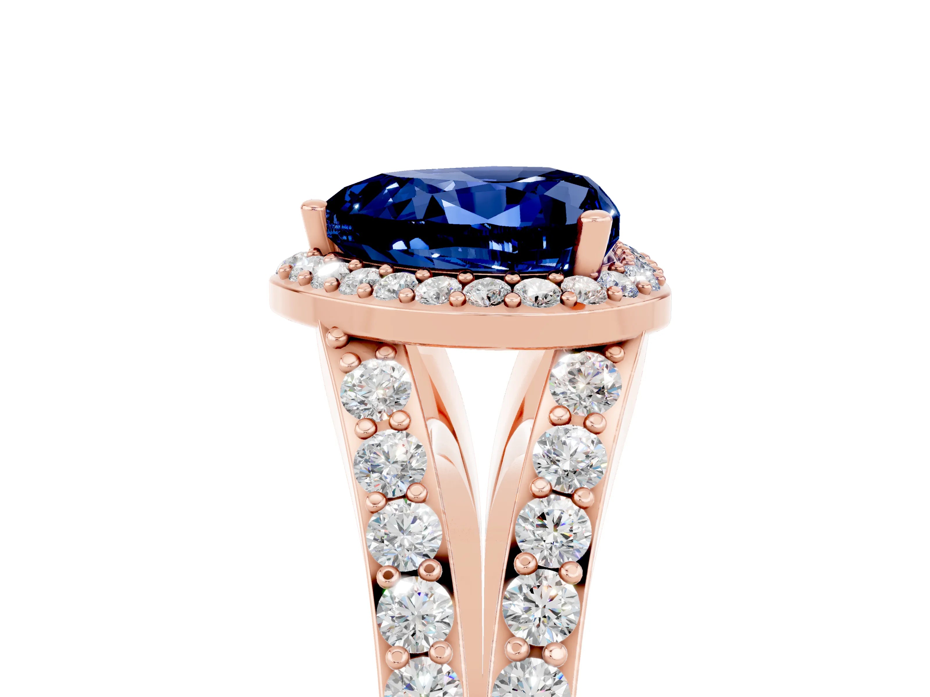 Rose gold Heart Cut Blue Sapphire Split Shank Halo Ring with Four-Prong Setting_17