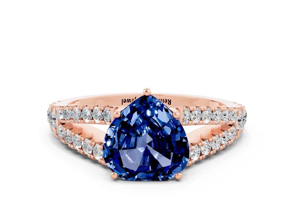 Rose gold Heart Cut Blue Sapphire Split Shank Pavé Engagement Ring with Four-Prong Setting