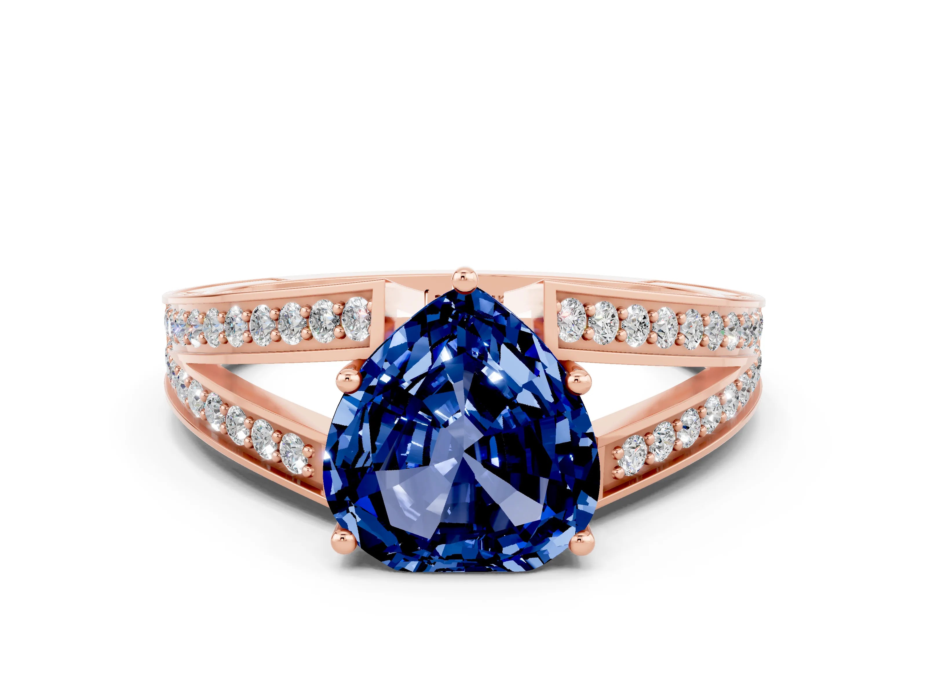 Rose gold Heart Cut Blue Sapphire Split Shank Ring with Pavé Band and Four-Prong Setting