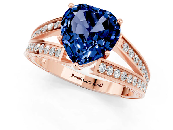 Rose gold Heart Cut Blue Sapphire Split Shank Ring with Pavé Band and Four-Prong Setting