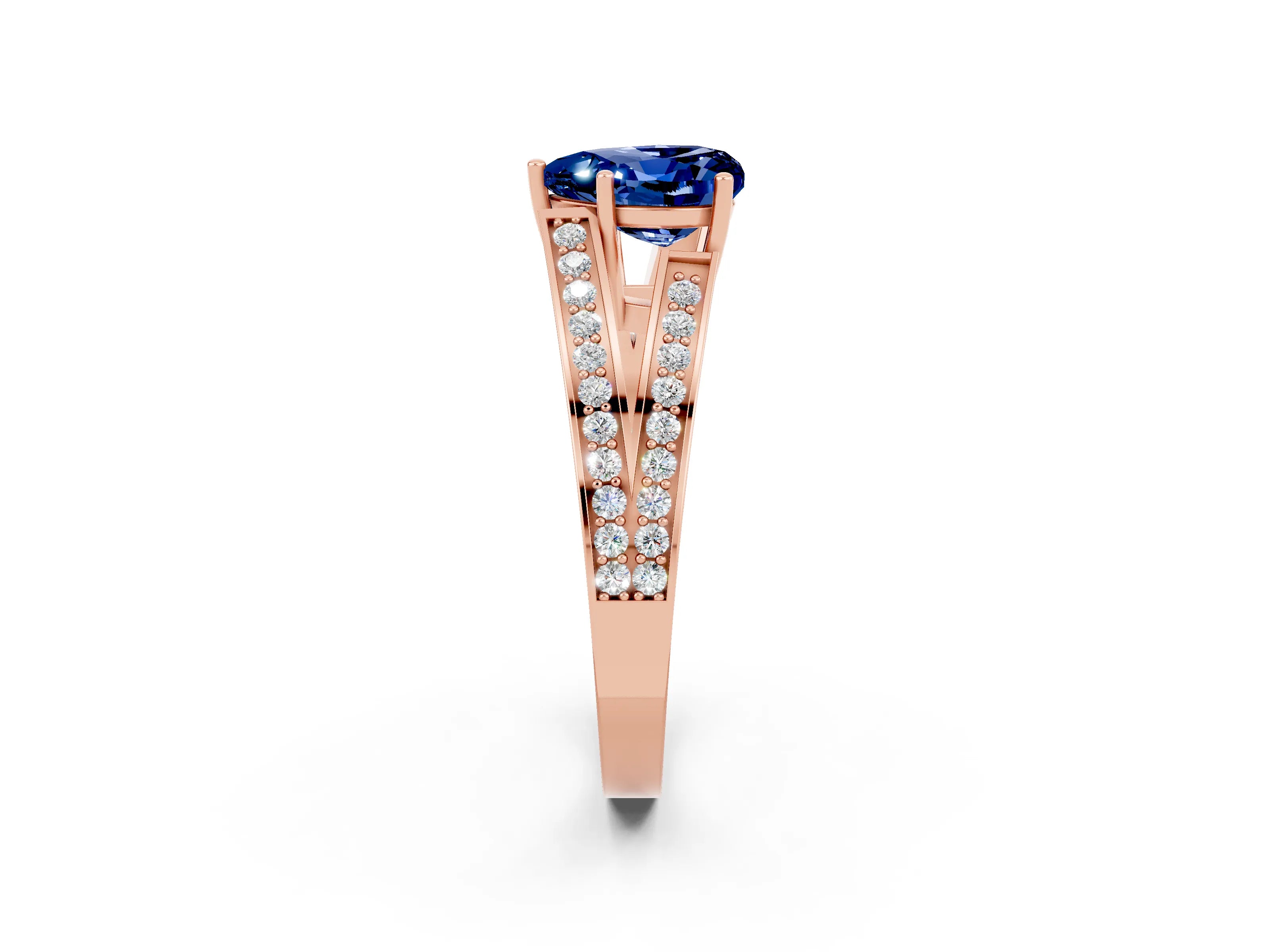 Rose gold Heart Cut Blue Sapphire Split Shank Ring with Pavé Band and Four-Prong Setting_2