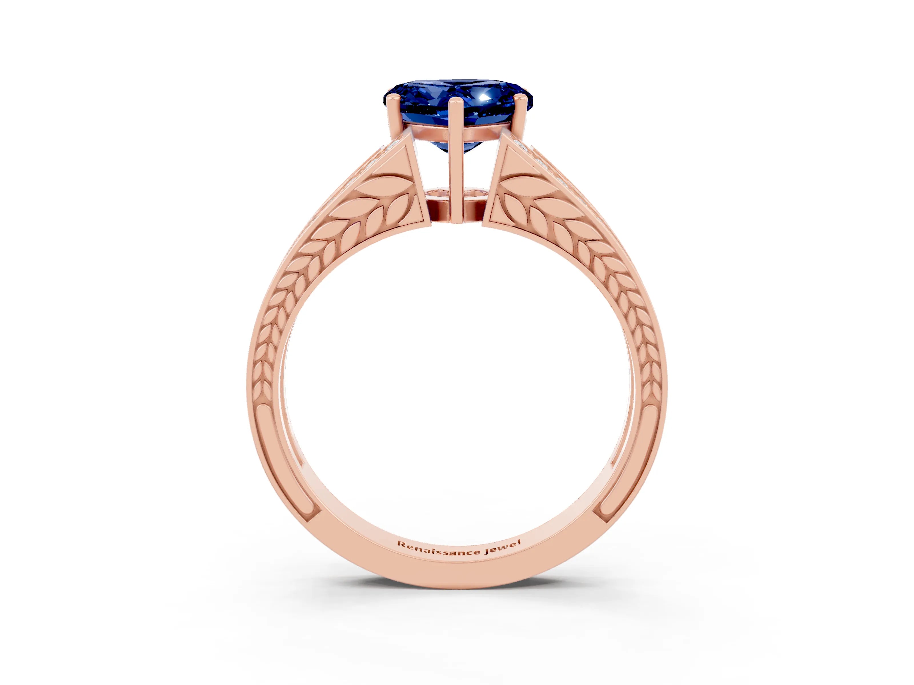 Rose gold Heart Cut Blue Sapphire Split Shank Ring with Pavé Band and Four-Prong Setting_3