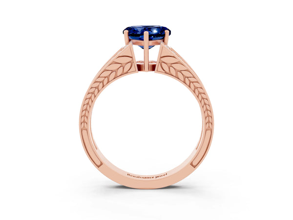 Rose gold Heart Cut Blue Sapphire Split Shank Ring with Pavé Band and Four-Prong Setting