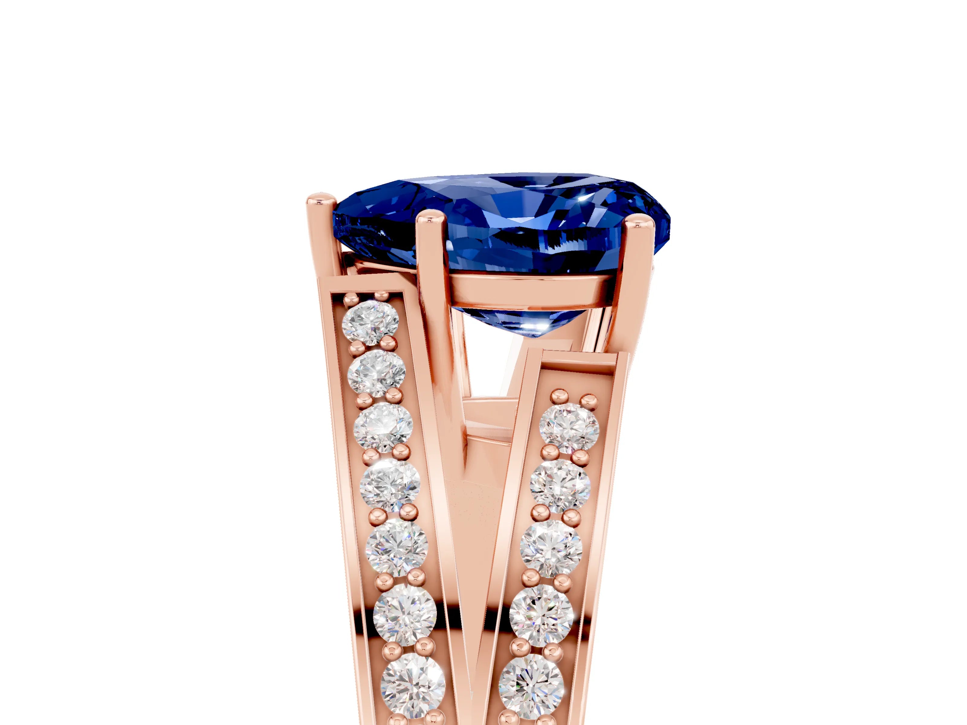 Rose gold Heart Cut Blue Sapphire Split Shank Ring with Pavé Band and Four-Prong Setting_5