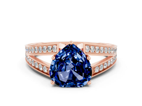 Rose gold Heart Cut Blue Sapphire Split Shank Ring with Pavé Band and Four-Prong Setting