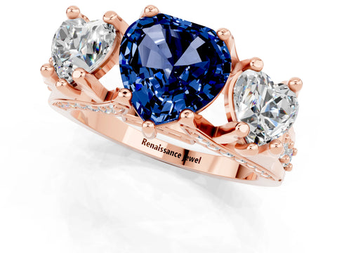 Rose gold Heart Cut Blue Sapphire Three-Stone Ring with Channel Set Band and Four-Prong Setting_1