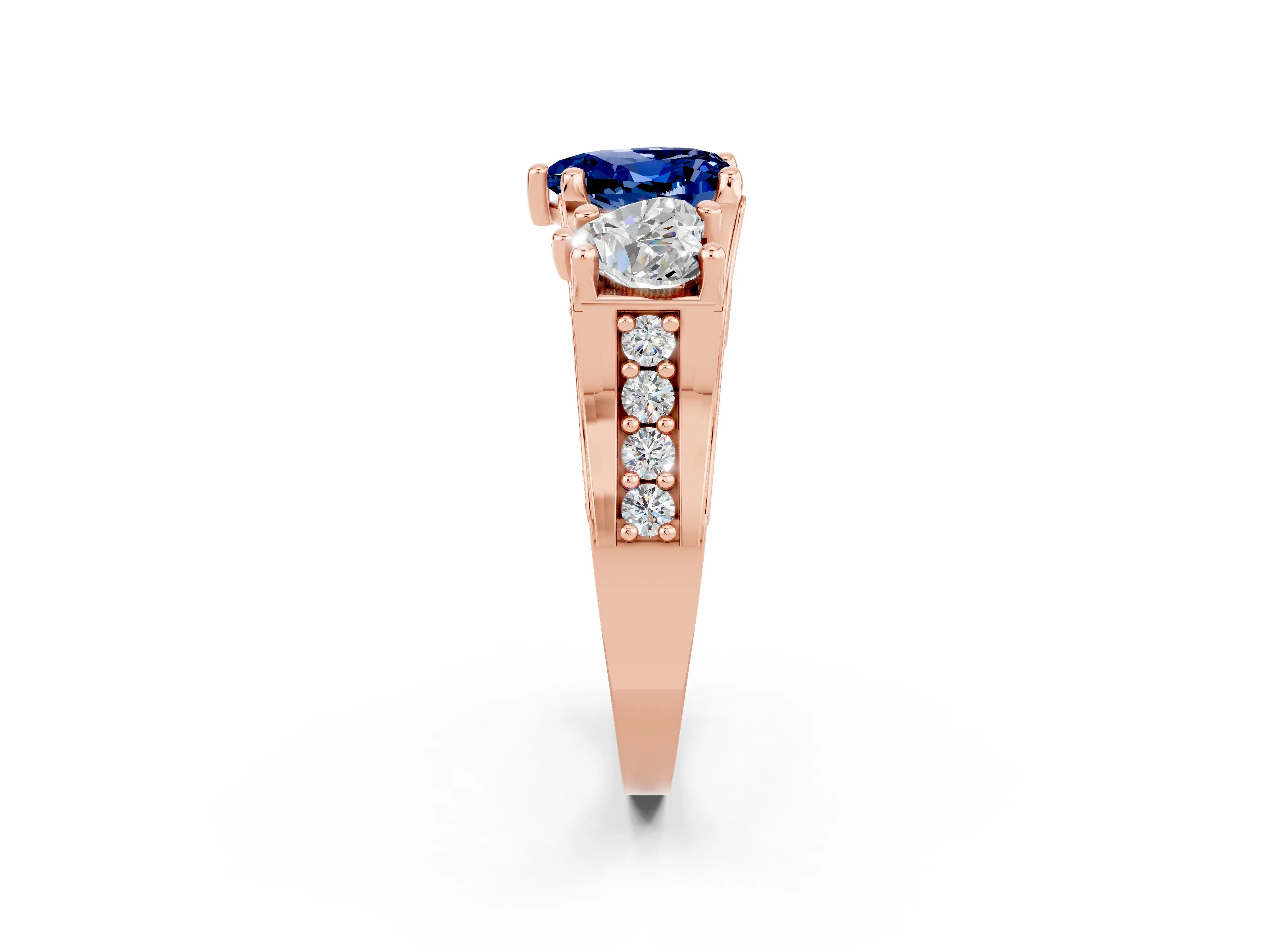 Rose gold Heart Cut Blue Sapphire Three-Stone Ring with Channel Set Band and Four-Prong Setting_2