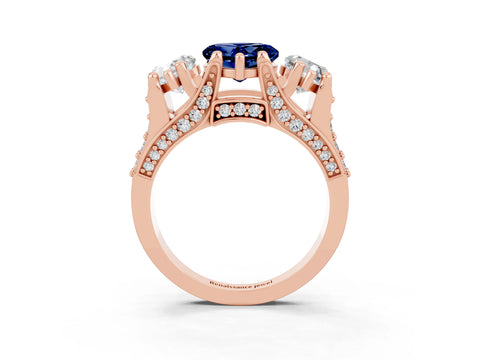 Rose gold Heart Cut Blue Sapphire Three-Stone Ring with Channel Set Band and Four-Prong Setting_3