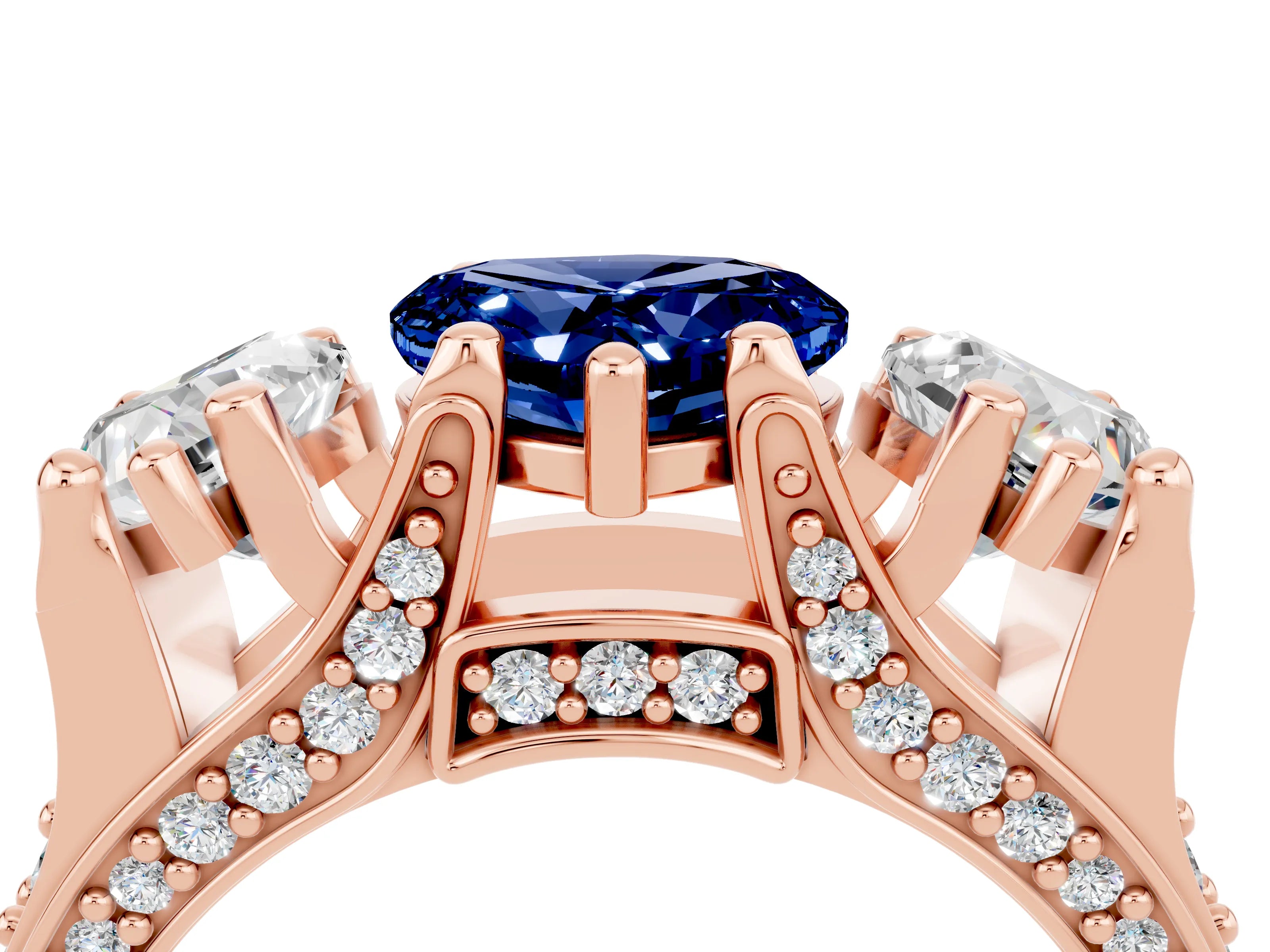 Rose gold Heart Cut Blue Sapphire Three-Stone Ring with Channel Set Band and Four-Prong Setting_4