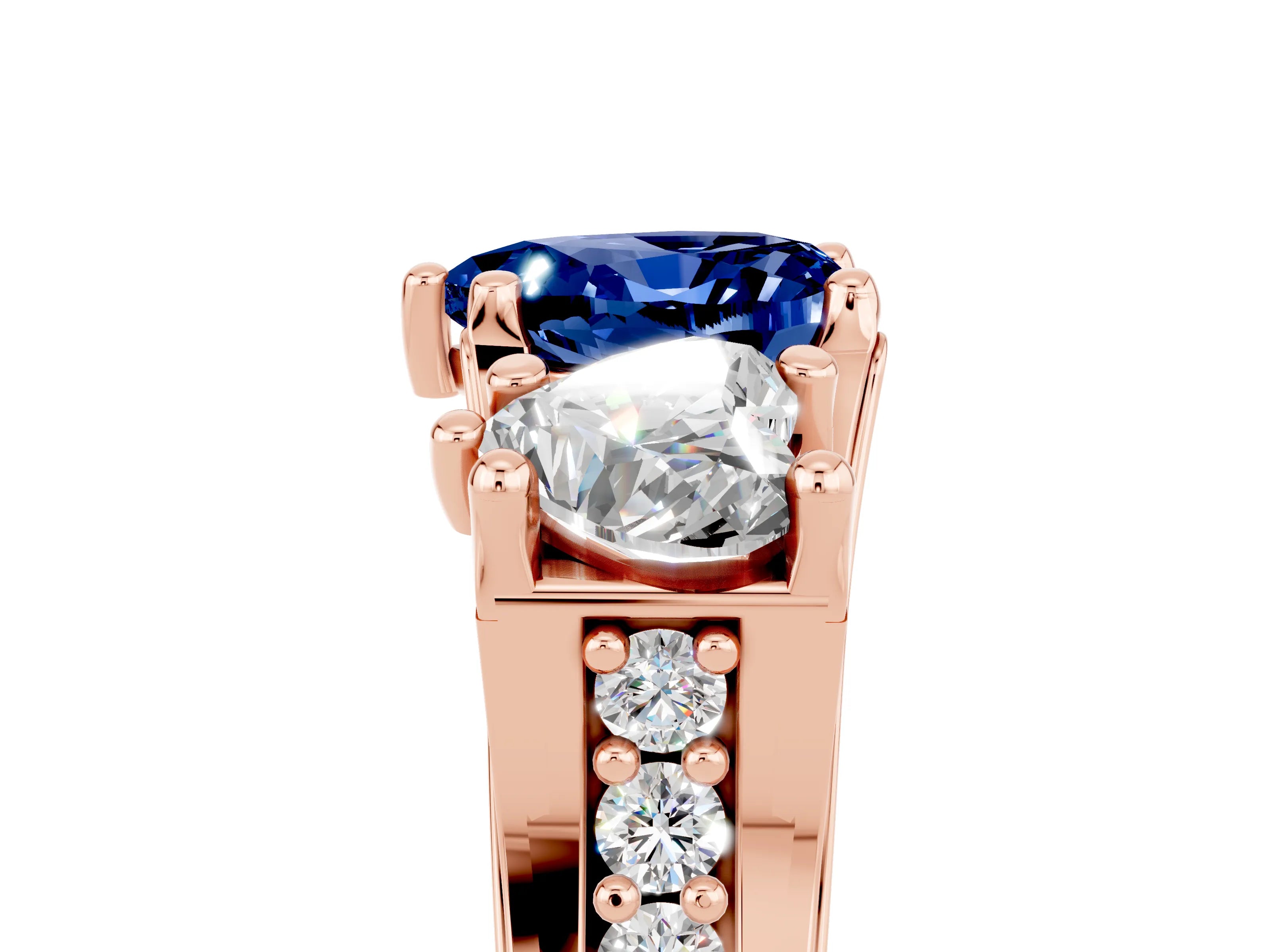 Rose gold Heart Cut Blue Sapphire Three-Stone Ring with Channel Set Band and Four-Prong Setting_5