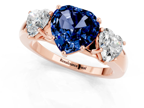 Rose gold Heart Cut Blue Sapphire Three-Stone Ring with Four-Prong Setting and Classic Band