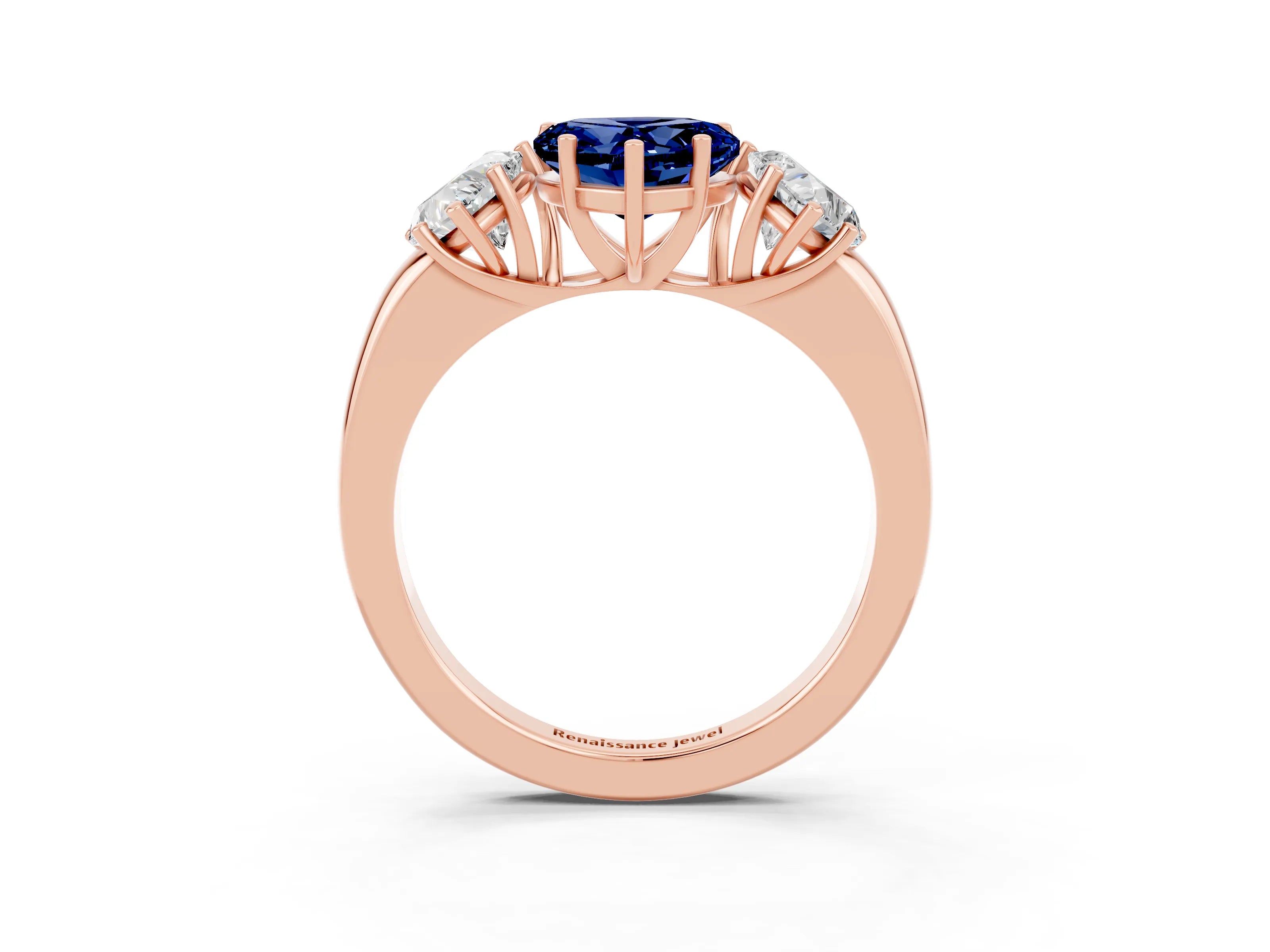 Rose gold Heart Cut Blue Sapphire Three-Stone Ring with Four-Prong Setting and Classic Band_3