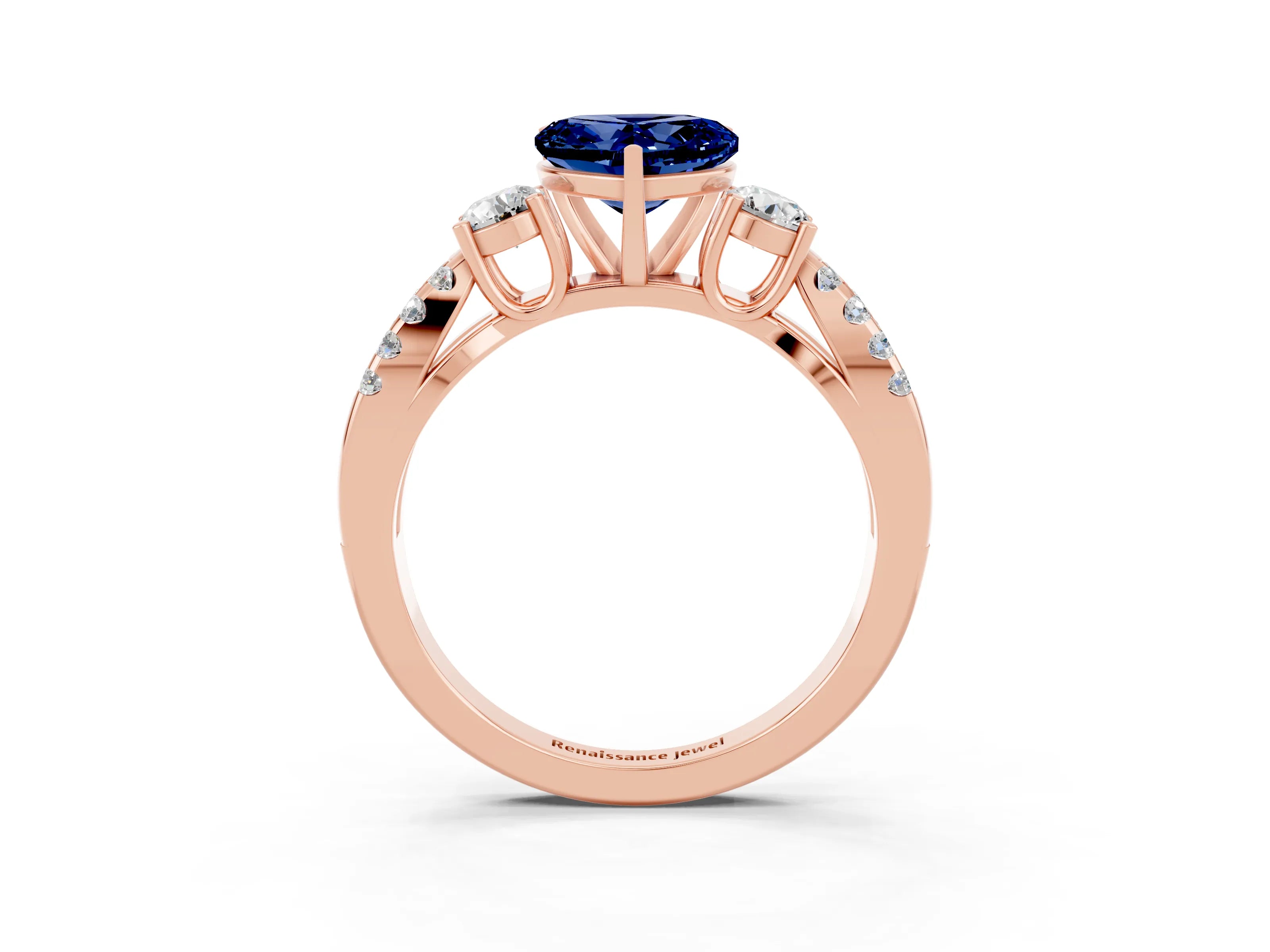 Rose gold Heart Cut Blue Sapphire Three-Stone Ring with Pavé Split Shank and Four-Prong Setting_3