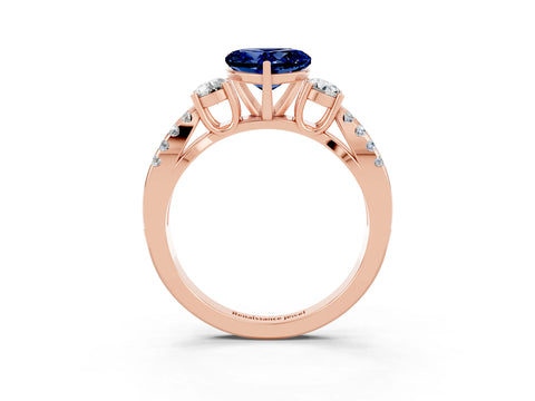 Rose gold Heart Cut Blue Sapphire Three-Stone Ring with Pavé Split Shank and Four-Prong Setting_3