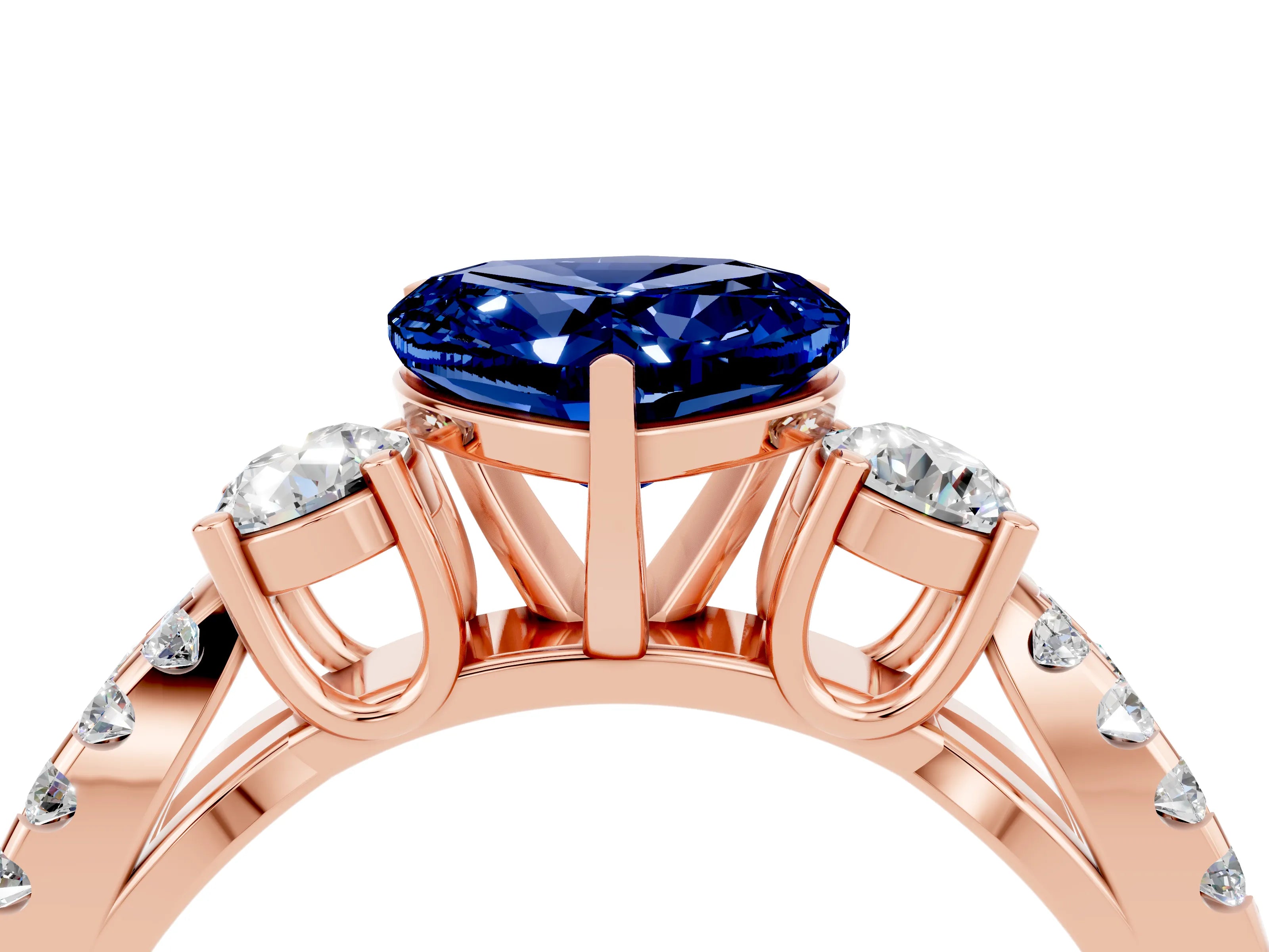 Rose gold Heart Cut Blue Sapphire Three-Stone Ring with Pavé Split Shank and Four-Prong Setting_4