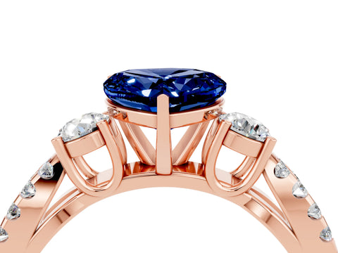 Rose gold Heart Cut Blue Sapphire Three-Stone Ring with Pavé Split Shank and Four-Prong Setting_4
