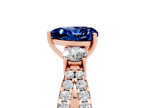 Rose gold Heart Cut Blue Sapphire Three-Stone Ring with Pavé Split Shank and Four-Prong Setting_5