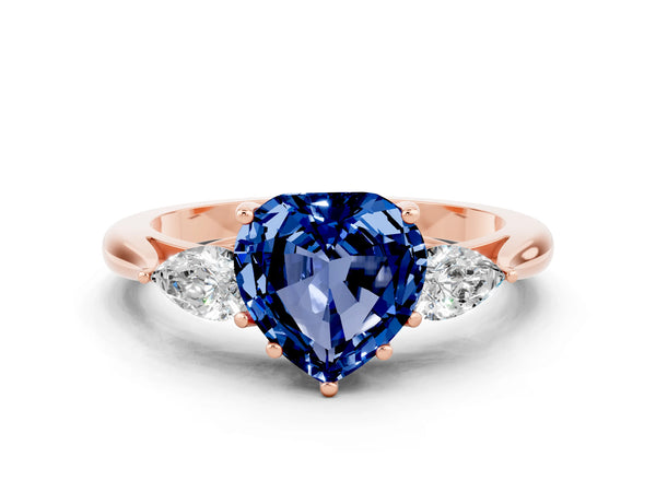 Rose gold Heart Cut Blue Sapphire Three-Stone Ring with Pear  Side Stones and Prong Setting