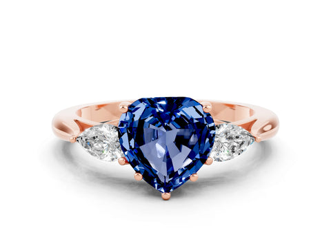 Rose gold Heart Cut Blue Sapphire Three-Stone Ring with Pear Side Stones and Four-Prong Setting_12
