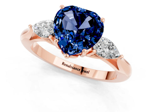 Rose gold Heart Cut Blue Sapphire Three-Stone Ring with Pear Side Stones and Four-Prong Setting_13