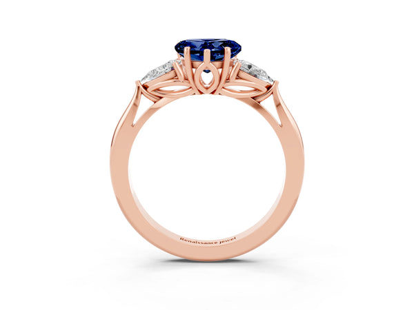 Rose gold Heart Cut Blue Sapphire Three-Stone Ring with Pear  Side Stones and Prong Setting
