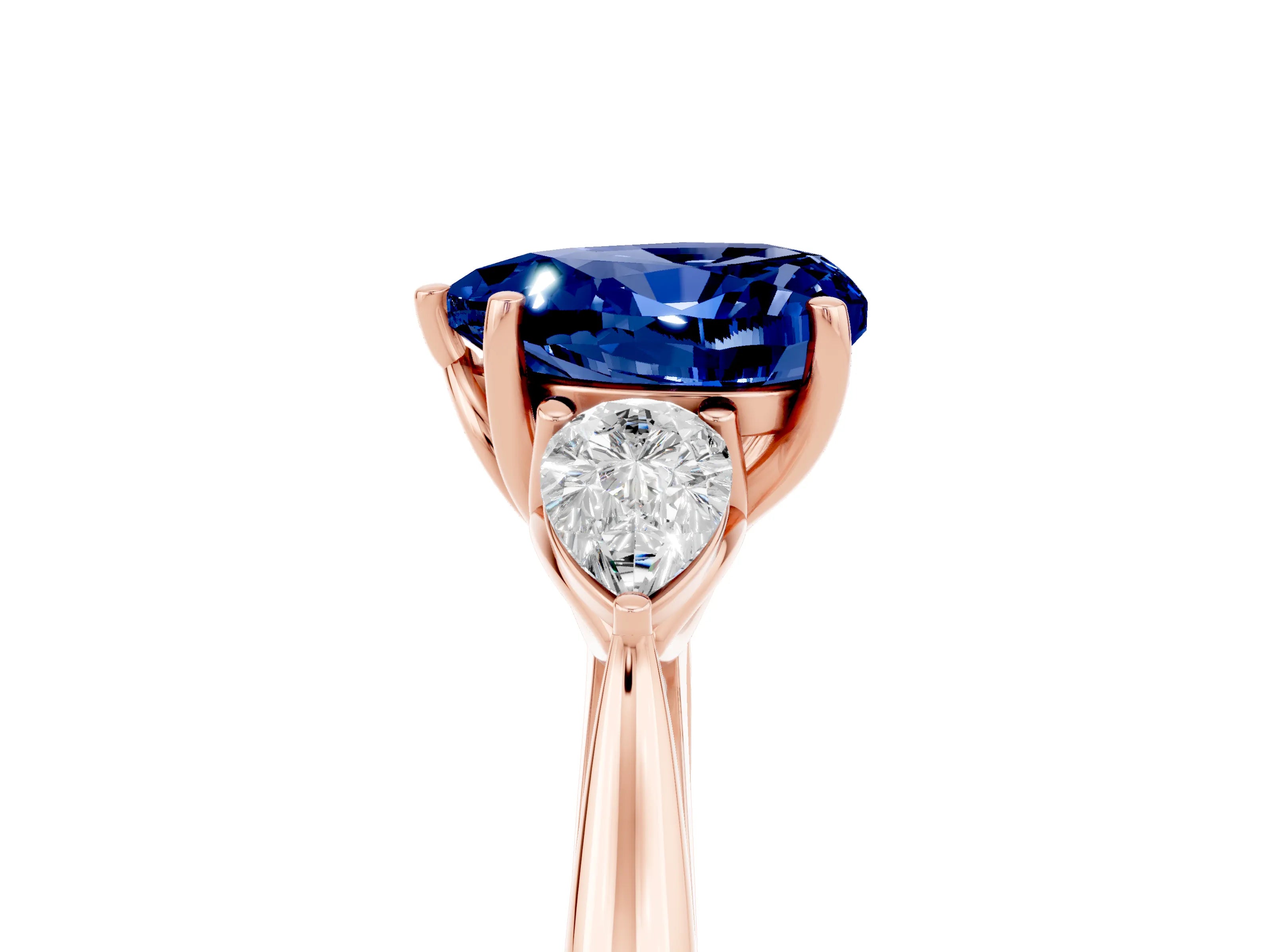 Rose gold Heart Cut Blue Sapphire Three-Stone Ring with Pear Side Stones and Four-Prong Setting_17
