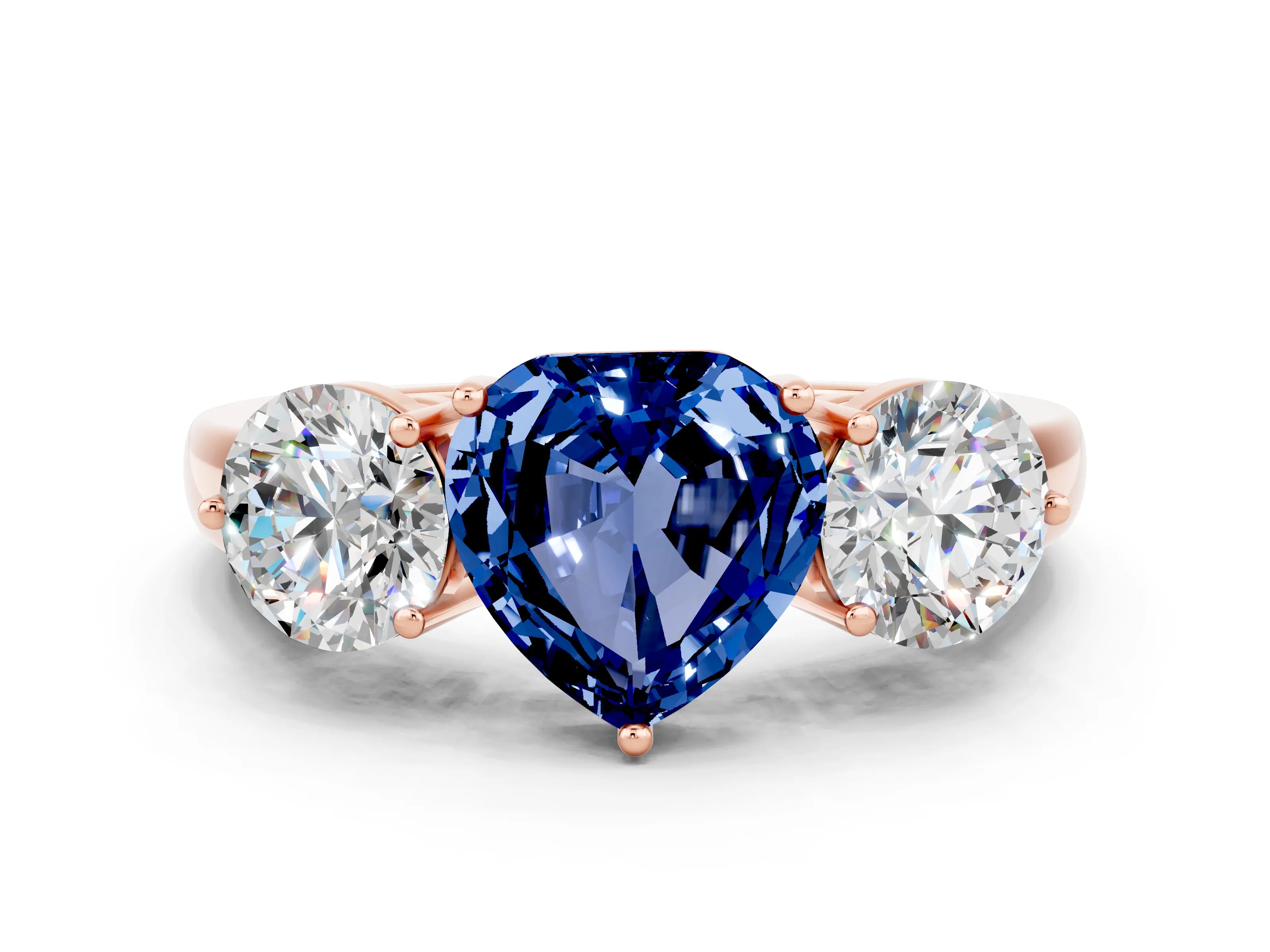 Rose gold Heart Cut Blue Sapphire Three-Stone Ring with Prong Setting and Classic Band