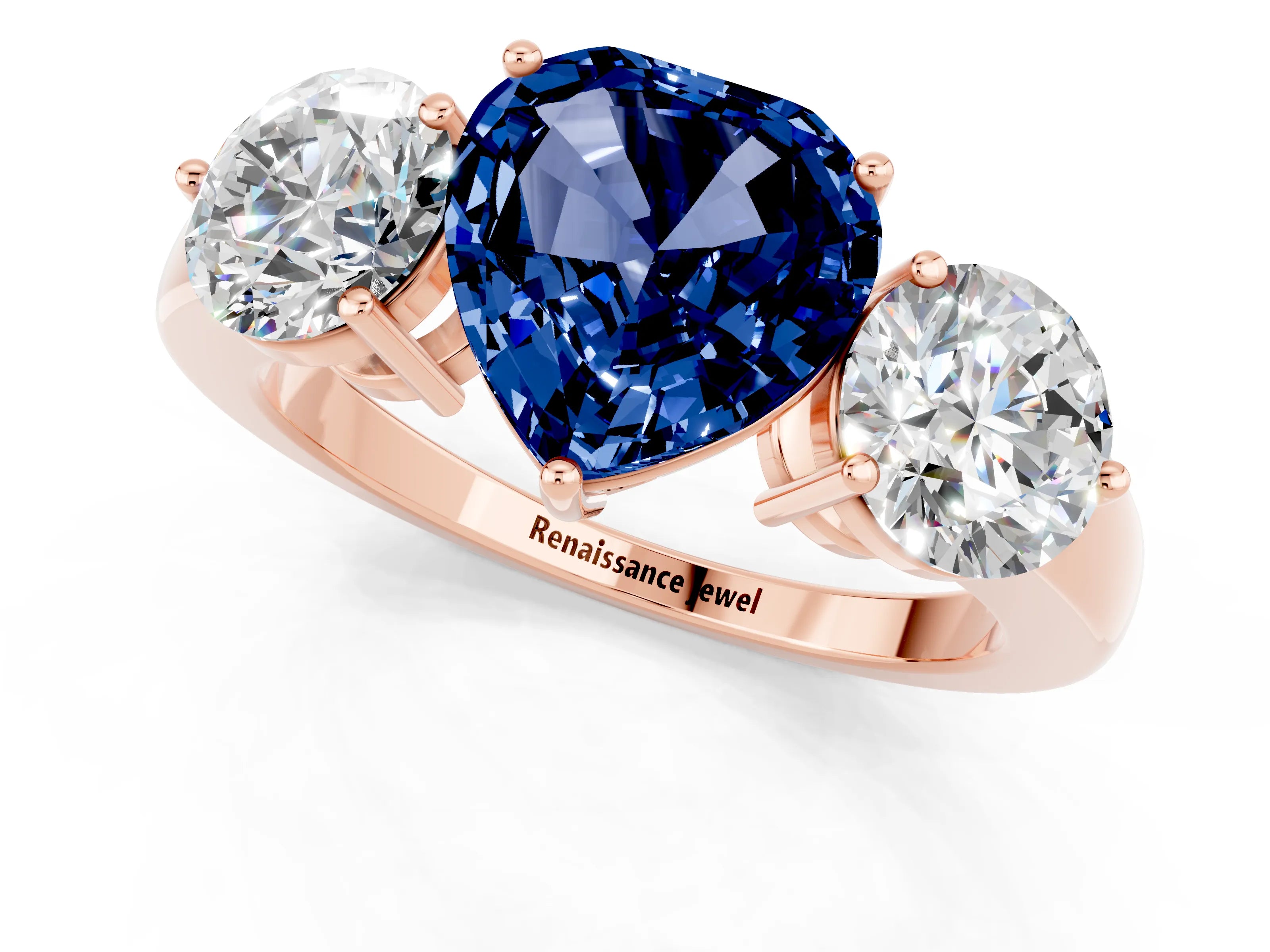Rose gold Heart Cut Blue Sapphire Three-Stone Ring with Prong Setting and Classic Band_1
