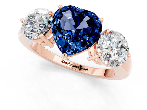 Rose gold Heart Cut Blue Sapphire Three-Stone Ring with Prong Setting and Classic Band