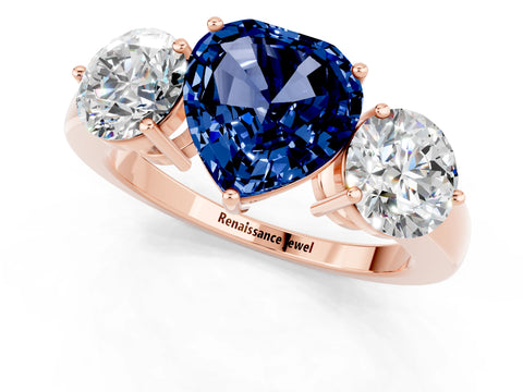 Rose gold Heart Cut Blue Sapphire Three-Stone Ring with Prong Setting and Classic Band_1