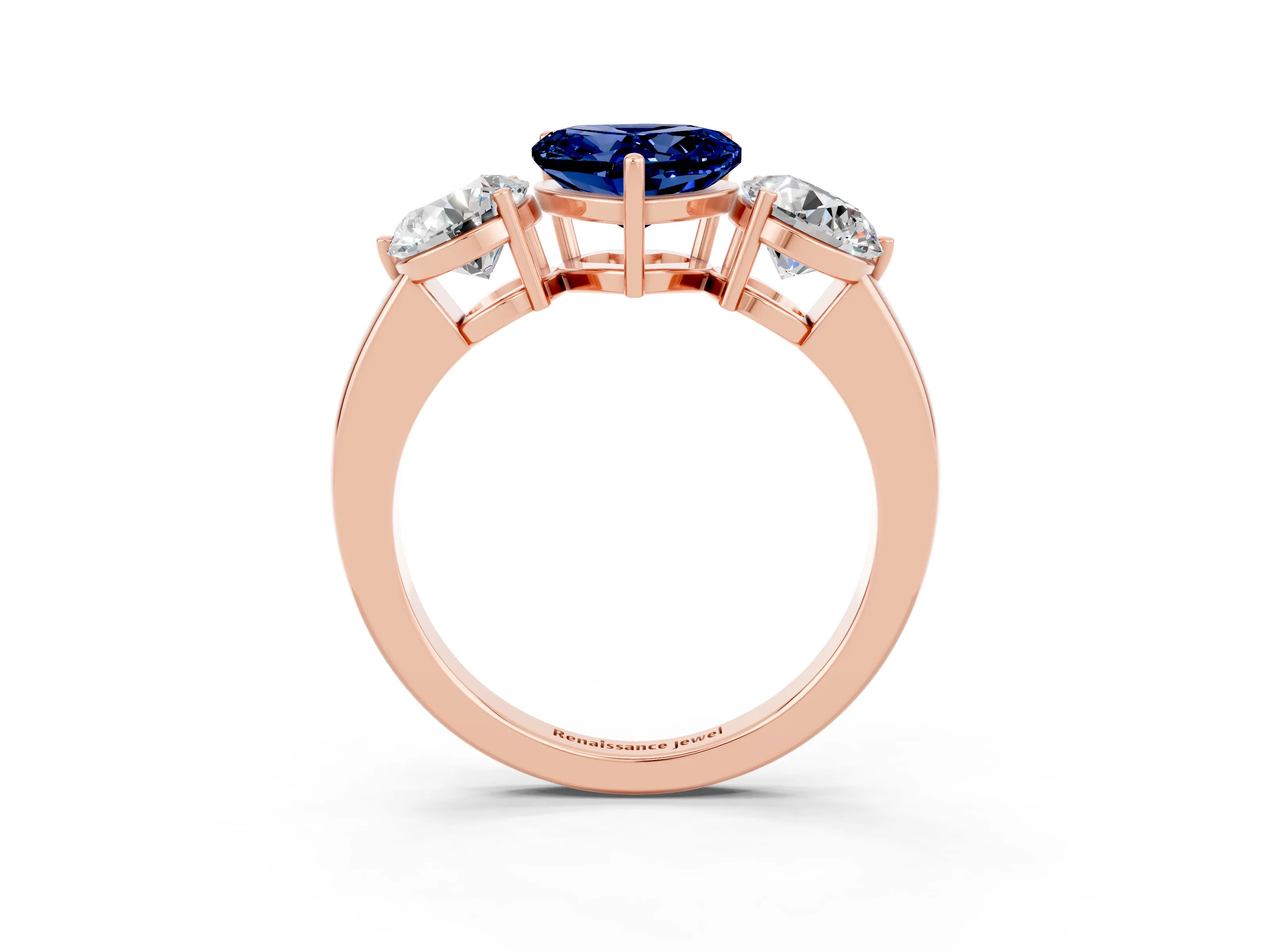 Rose gold Heart Cut Blue Sapphire Three-Stone Ring with Prong Setting and Classic Band_3