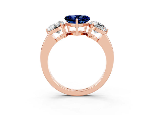 Rose gold Heart Cut Blue Sapphire Three-Stone Ring with Prong Setting and Classic Band