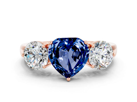 Rose gold Heart Cut Blue Sapphire Three-Stone Ring with Prong Setting and Classic Band