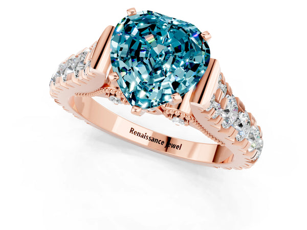 Rose gold Heart Cut Blue Topaz Classic Solitaire Ring with Pavé Band and Four-Prong Setting