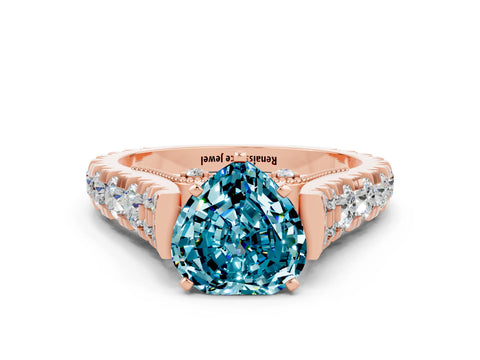 Rose gold Heart Cut Blue Topaz Classic Solitaire Ring with Pavé Band and Four-Prong Setting