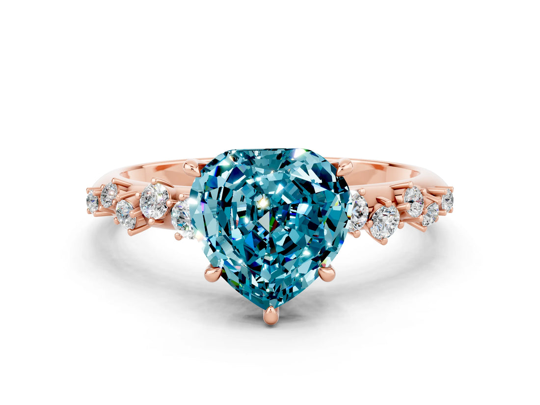 Rose gold Heart Cut Blue Topaz Cluster Side Stone Solitaire Ring with Prong Setting_24