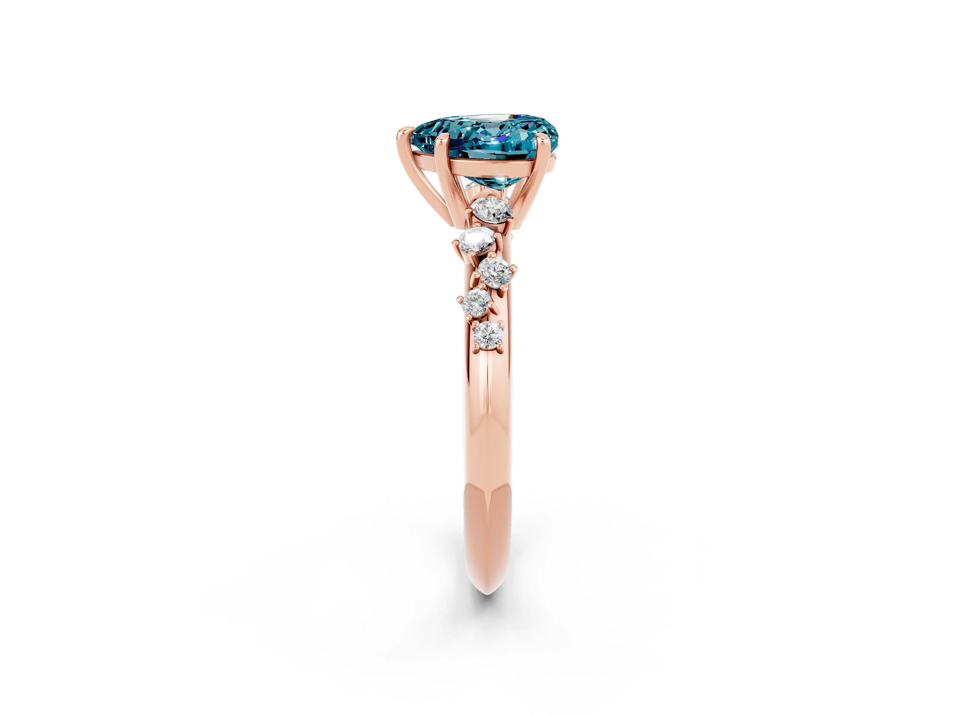 Rose gold Heart Cut Blue Topaz Cluster Side Stone Solitaire Ring with Prong Setting_26