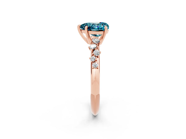 Rose gold Heart Cut Blue Topaz Cluster Side Stone Solitaire Ring with Prong Setting