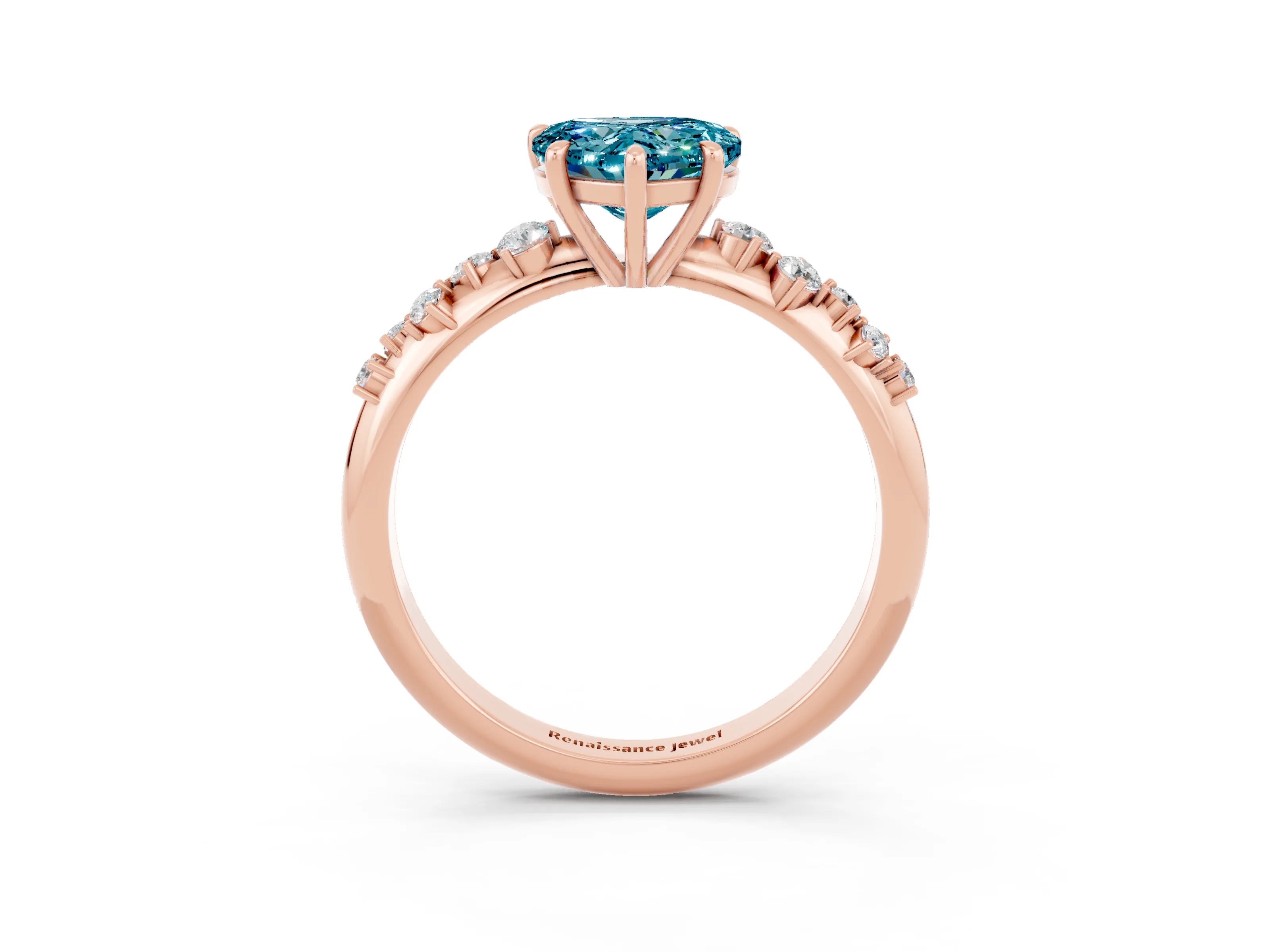 Rose gold Heart Cut Blue Topaz Cluster Side Stone Solitaire Ring with Prong Setting_27